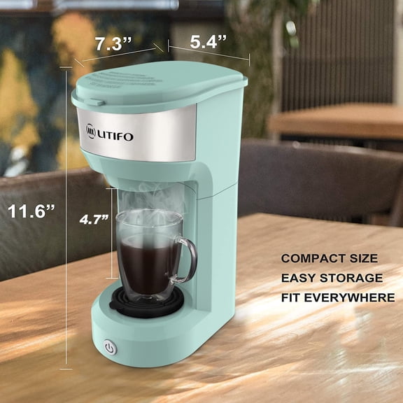 Single Serve Coffee Maker for Ground coffee, Tea & K Cup Pod, 2-In-1 Small Coffee Machine with 6 to 14oz Reservoir, One-Button Fast Brew, Auto Shut-off & Self Cleaning Function (Green)