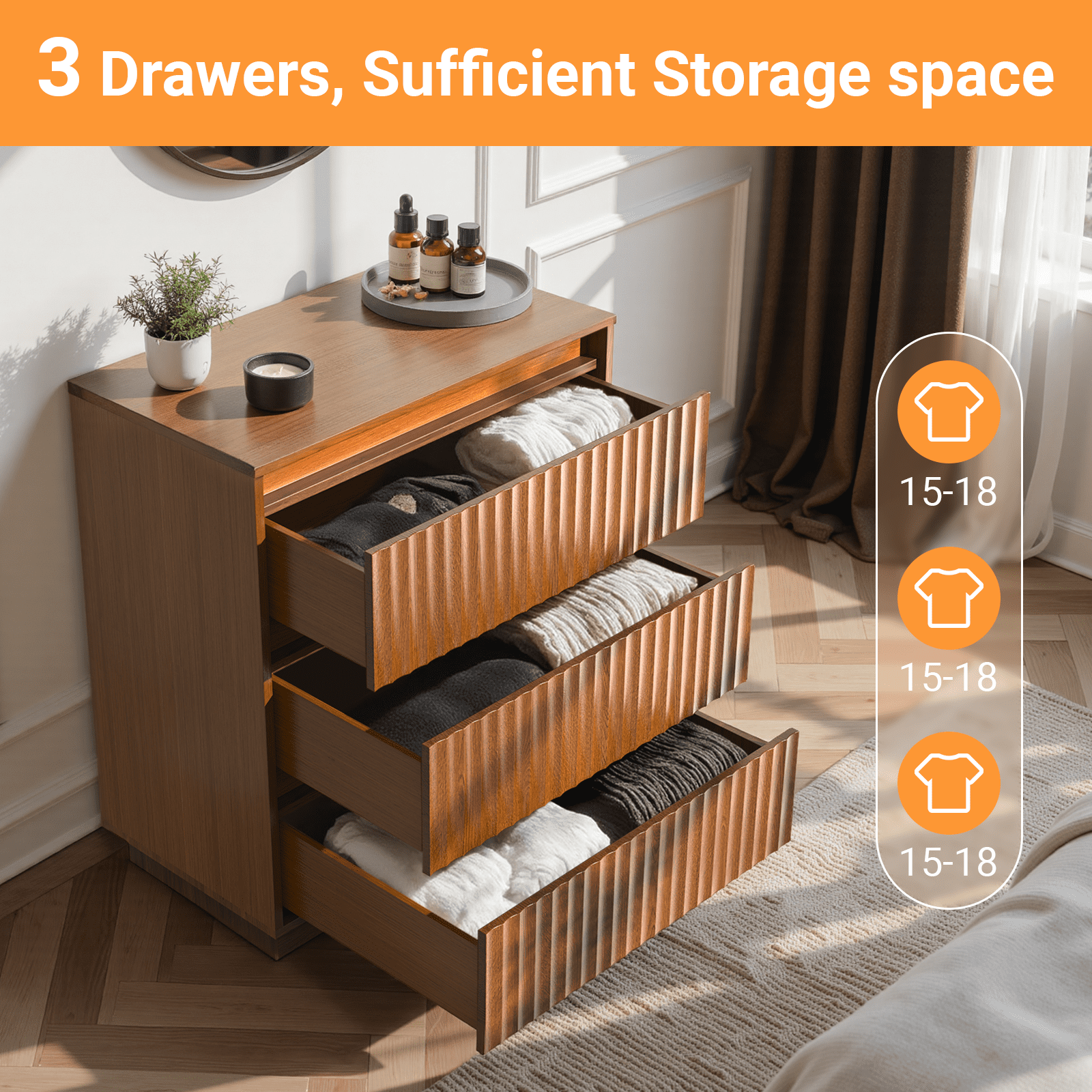 UPGO 27.5'' Fluted Dresser for Living Room, Bedroom, Hallway, Entryway with Deep 3 drawers, Wooden Dresser