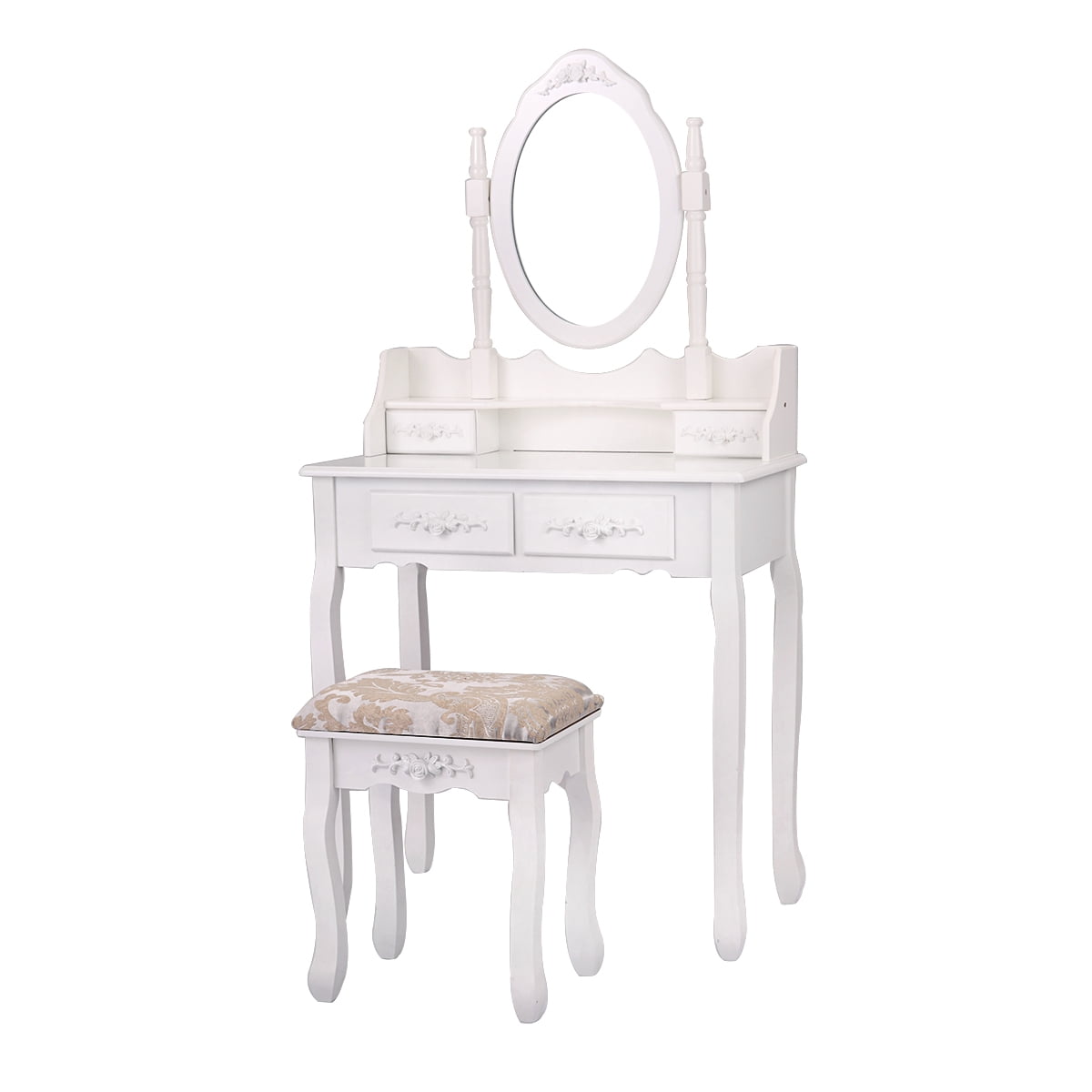 Lowestbest Vanity Table Set with Mirror, Cushioned Stool, 2 Drawers, White