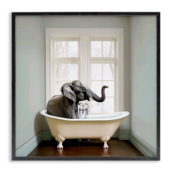 Minimal Elephant Bathtime Black Framed Giclee Art, design by Sasha