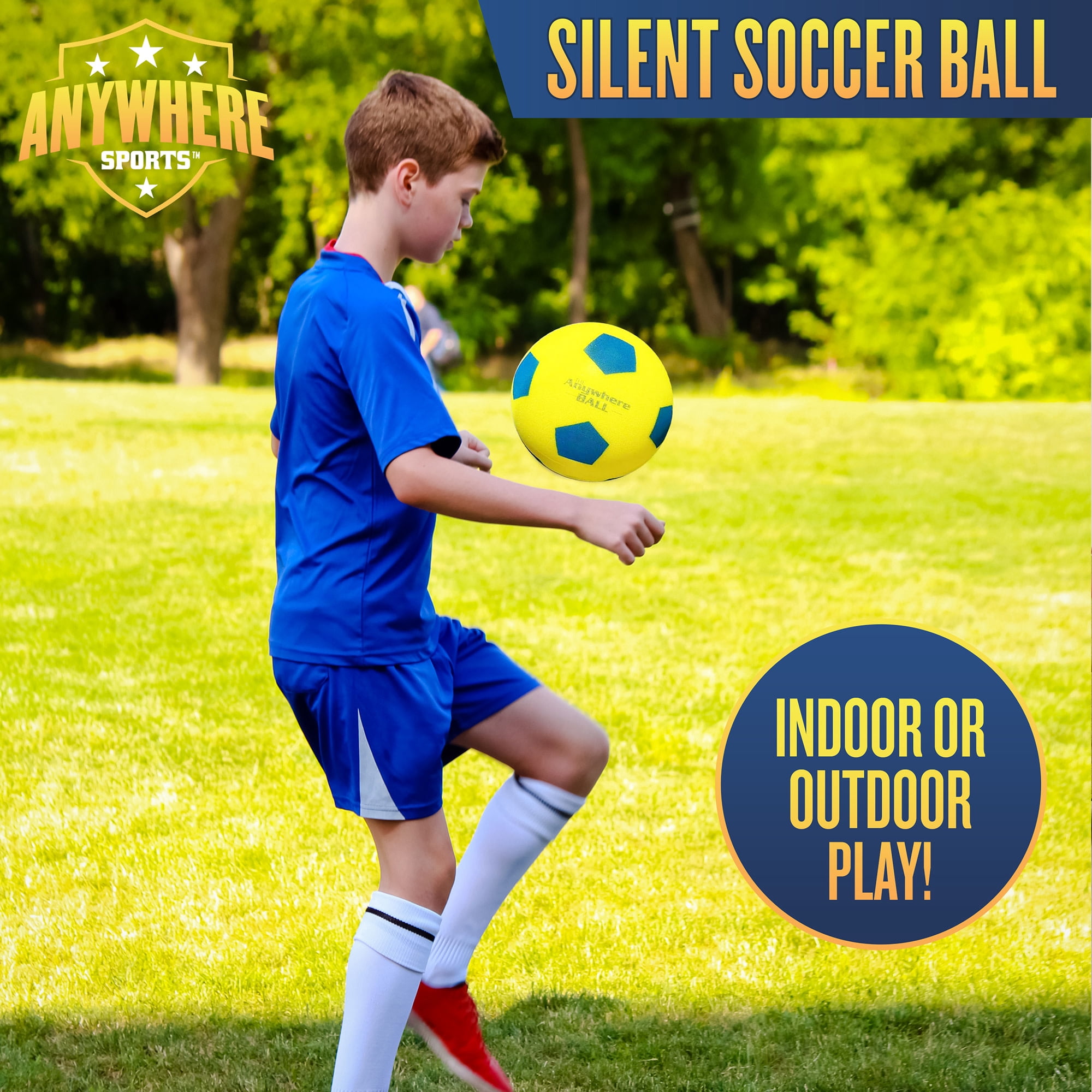 Anywhere Sports: Silent Soccer Ball - 8" Yellow& Blue Squishy Foam Ball, Size 4, Realistic Bounce, Quiet Indoor & Outdoor Play, Waterproof, Kids 3+