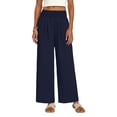 thumbnail image 4 of oiangi Wide Leg Pants Boho Smocked Elastic Waist Trousers Summer Beach Vacation Palazzo Pant with Pockets Dark Blue M, 4 of 9