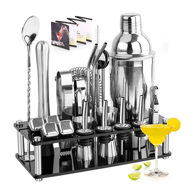 Juego De Coctelera Shaker Bartender Mixologia Kit 24 Piezas Accesorios De Acero Inoxidable Boston 1 Litro Con Soporte De Acrílico Incluye Recetario Para Cocteles Mezclador De Bebidas Profesional Bar ecomlab Profesional