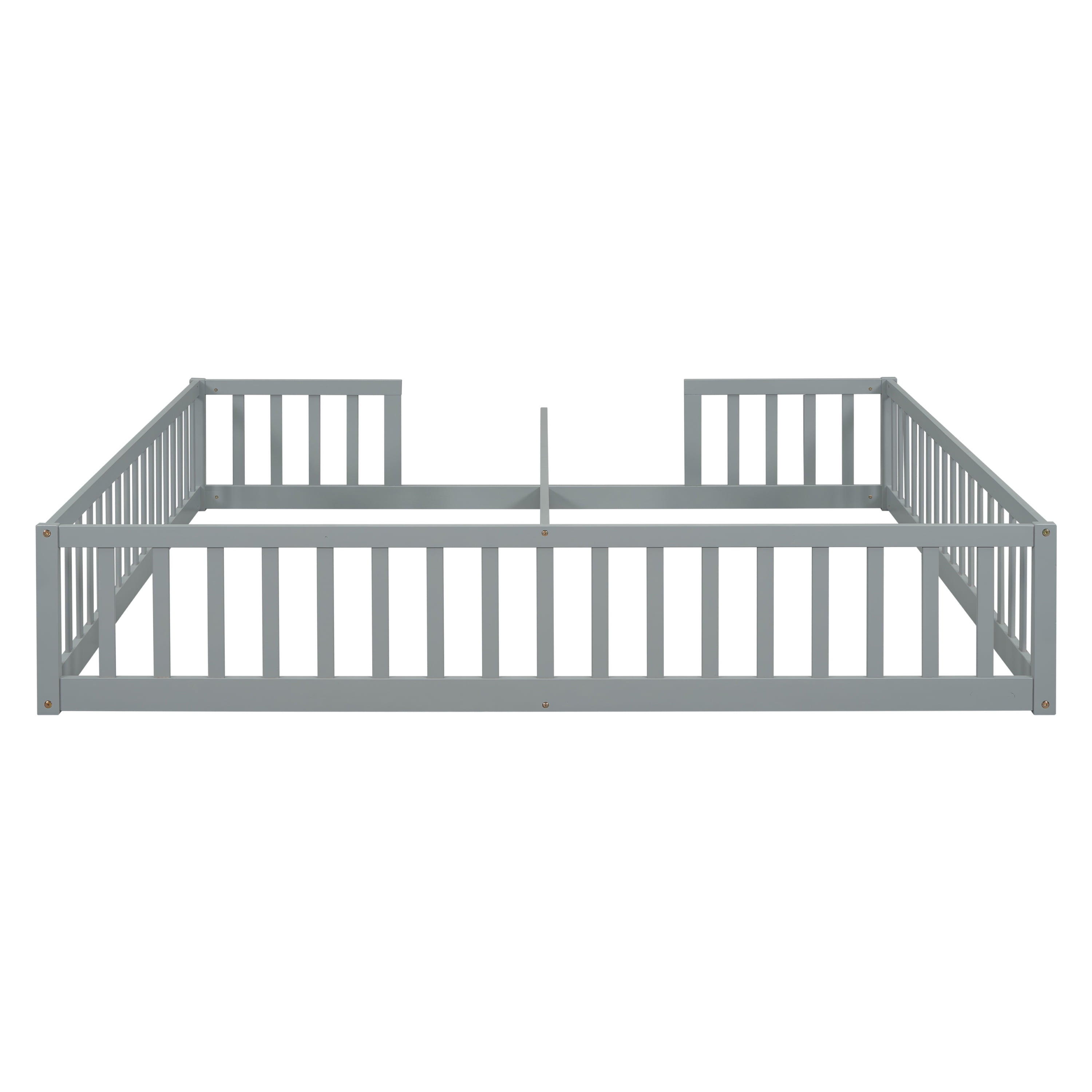 Bellemave Twin Floor Bed for 2, Wood Double Floor Bed with Fence, Two Montessori Bed Side by Side for Bedroom (Gray)