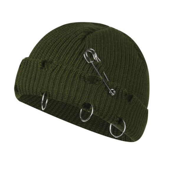 Voska Vintage Distressed Pin Knit Beanie Hat Unisex Trendy Fall Winter Outdoor Cap Army Green