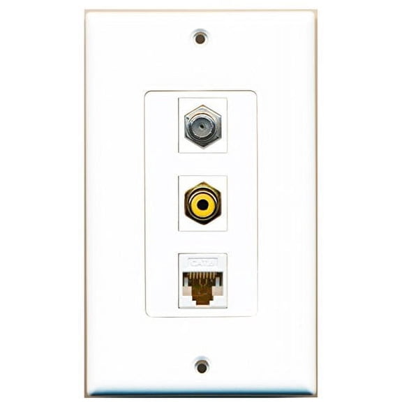 RiteAV - 1 Port RCA Yellow and 1 Port Coax Cable TV- F-Type and 1 Port Cat6 Ethernet White Decorative Wall Plate Decorative