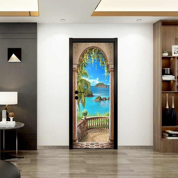 3D Balcony Arch Seascape Peel and Stick Door Sticker, Self-Adhesive Door Wall Murals Wallpaper Decal for Living Room Bedroom Decor (2 Sheets/Set)