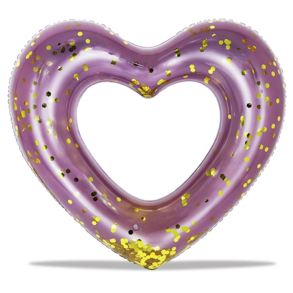 POZA Purple Gold Inflatable Heart Pool Float - Sparkly Confetti-Filled Heart Shaped Pool Tube, Inflatable Lounger for Beach or Lake, Fun Swimming Float for Kids and Adults - 48 Inches