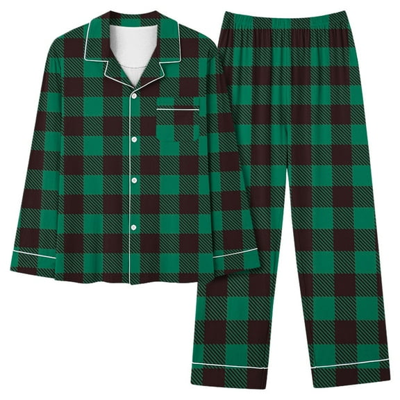 Tnhcen Christmas Women's Casual Green Plaid Printing V-Neck Pajama Set Fashion Nightwear Long Sleeve Button Up Top and Casual Pants Pjs Set Lounge wear Home Clothes S-2XL
