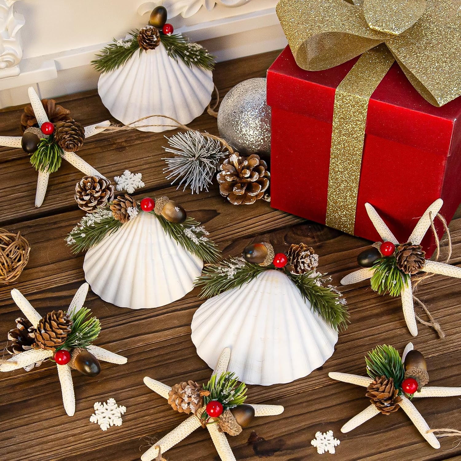 Sinkoo Seashells Starfish Christmas Tree Ornaments, 12pcs Handmade Natural Sea Shells Starfish Crafts with Pinecones, Beach Nautical Coastal Christmas Ornaments