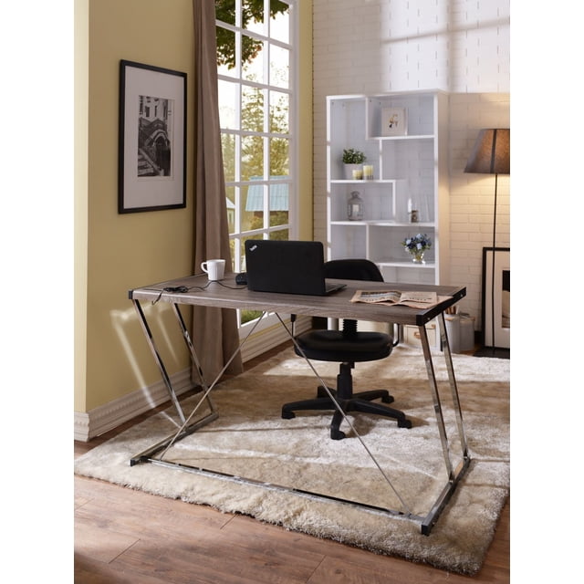 ACME Finis Desk in Weathered Oak & Chrome