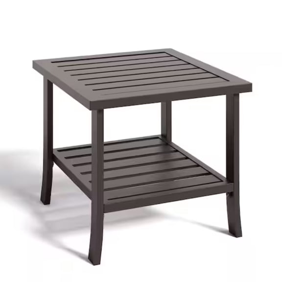 19" Square Brown Metal Outdoor Side Table, 2-Tier All-Weather Patio End Table