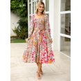 thumbnail image 2 of Vestido largo Simplee para mujer, manga larga, cuello cuadrado, estampado floral rosa, 2 of 6