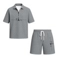 thumbnail image 4 of Mens 2 Piece Zip Tracksuit Short Sleeve Print Polo Shirt and Shorts Sets,Letter Printed Waffle pattern Summer Outfits Grey L, 4 of 4