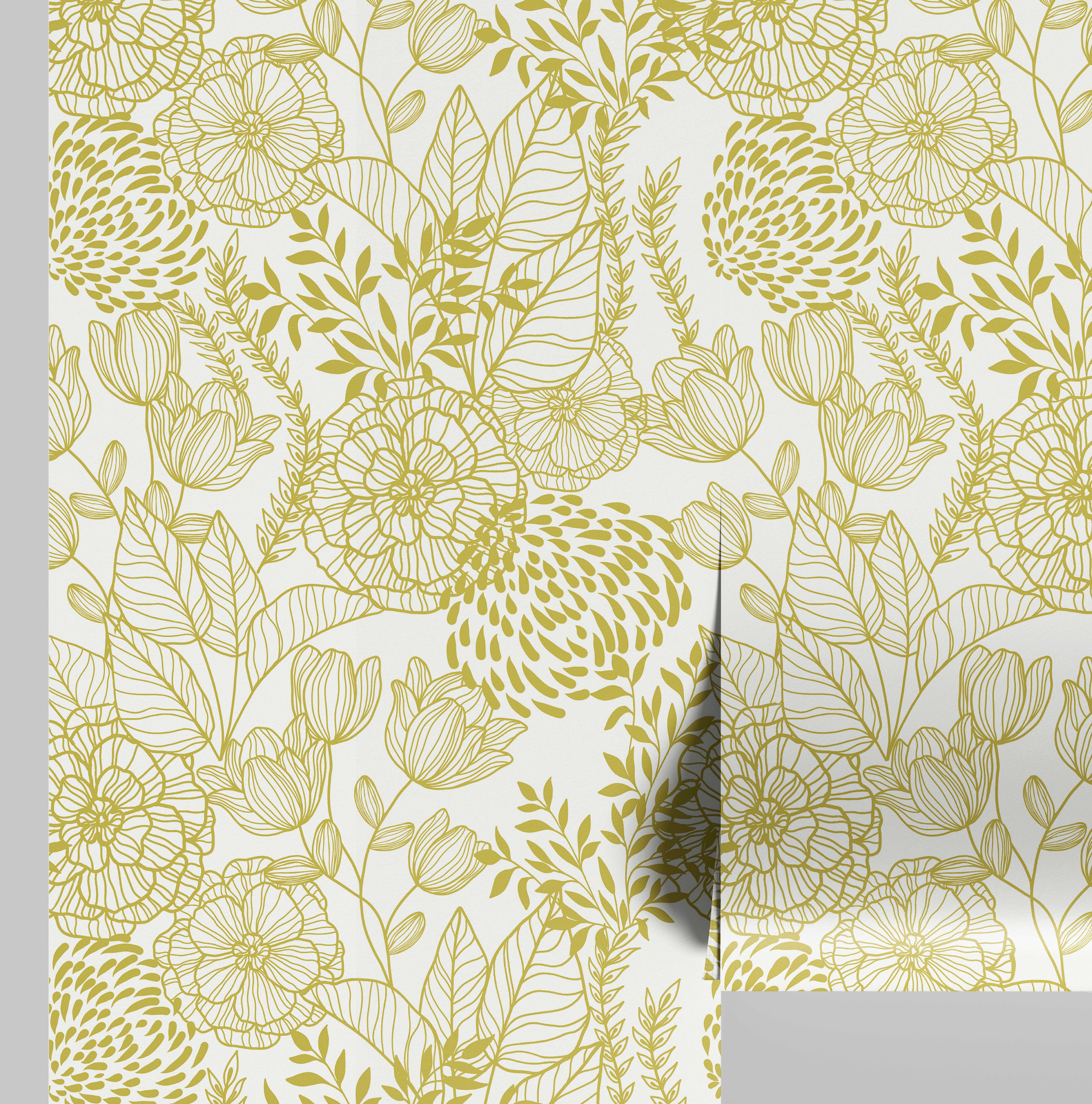 S4Sassy Peel and Stick Wall Covering, Floral Garden Wallpaper Removable Wallwrap - Yellow Instant Wall Mural for Bedroom, Bathroom, Laundry Room, Closet Interior (25"x60" inch)