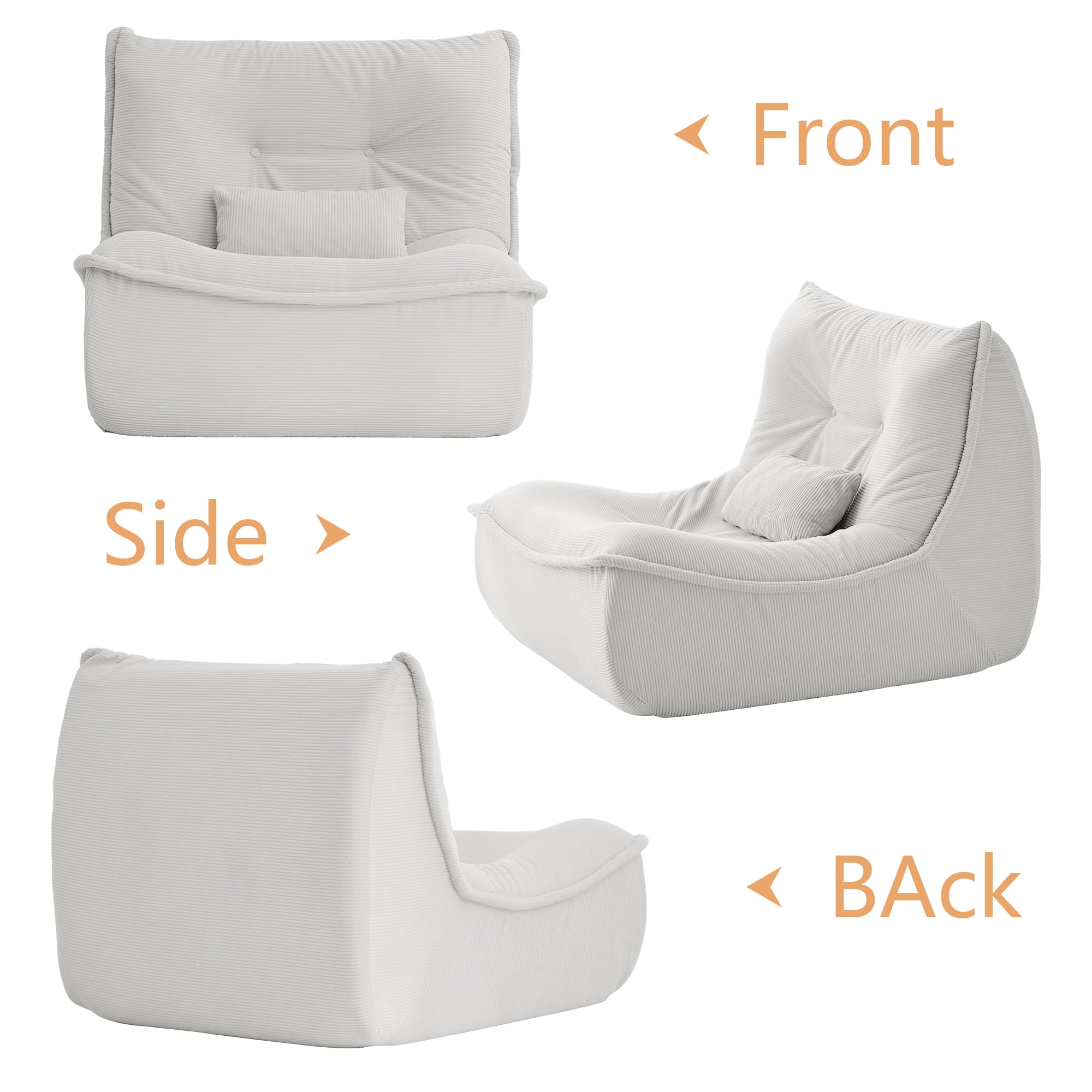 NBLDGT Bean Bag Chair for Adults, Single Lounge Chair with Lumbar Pillow, Comfy Floor Sofa with High-Resilience Foam, Lazy Accent Chair for Living Room, Bedroom, Apartment, Or Reading Corner, White