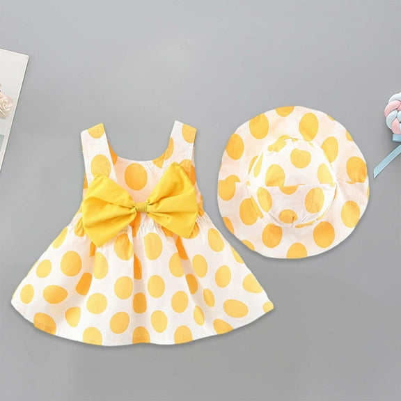 Cethrio 0-3 Years Girls Summer Dress Printed Polka Dots Bow Sleeveless Dress Hat Set Yellow Size 3Y