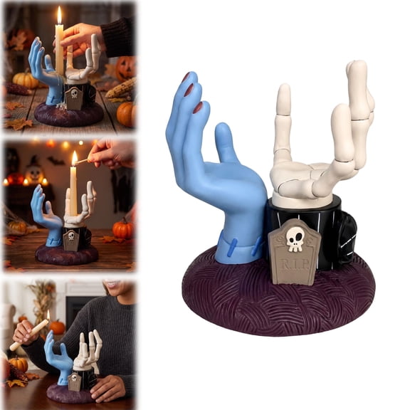 Jack Sally Skeleton Hand Candle Holder,Resin Spooky Pair Gothic Tealight Holder Halloween Table Centerpiece Holiday Decor