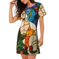 thumbnail image 2 of Fotbe Stained Glass Cat Art Bata de Dormir para Mujer con Estampado, Camisón de Algodón de Manga Corta, Ropa de Dormir Casual, 2 of 6