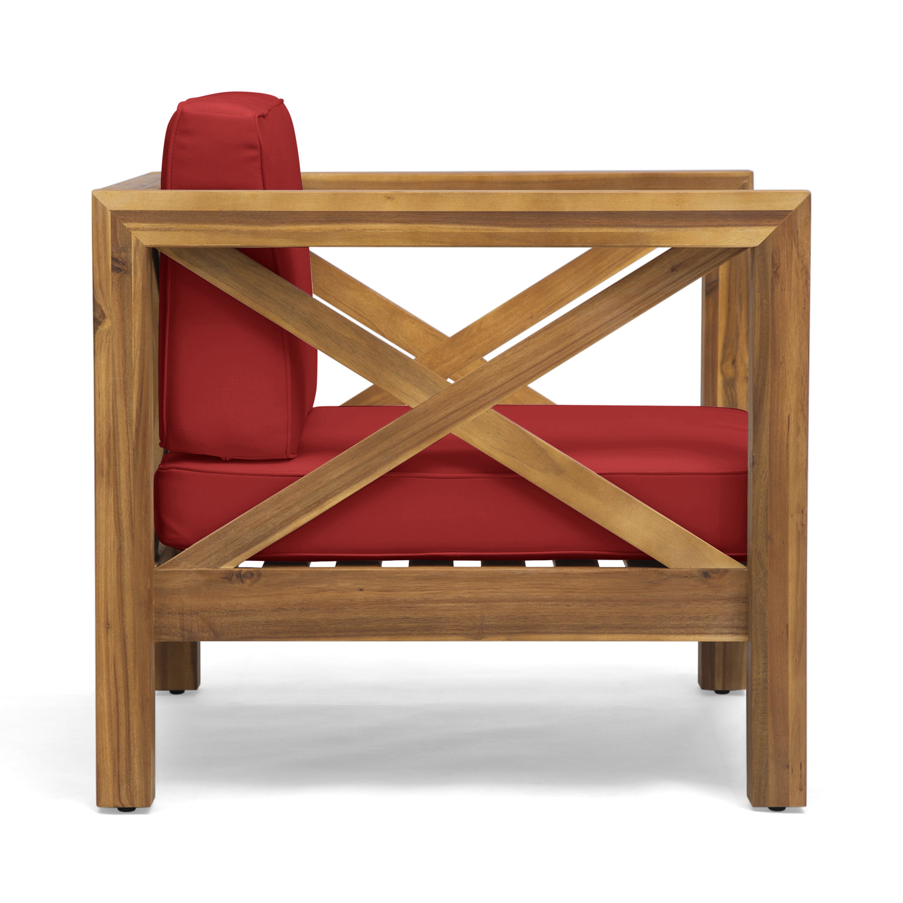 Outdoor Single Leisure Seat Chair, Acacia Wood Frame Relaxing Seat for Patio Garden, Red