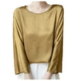 thumbnail image 2 of SSZMDLB Women Silk Satin Long Sleeve Tshirt Round Neck Flowy Casual Basic Blouse Travel Vacation Outfits Summer Tops, Gold L, 2 of 7