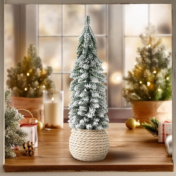 Flocked Tabletop Christmas Tree, Mini Snow Covered Cedar Desk Decor with Weighted Base for Office Shelf Mantel Display
