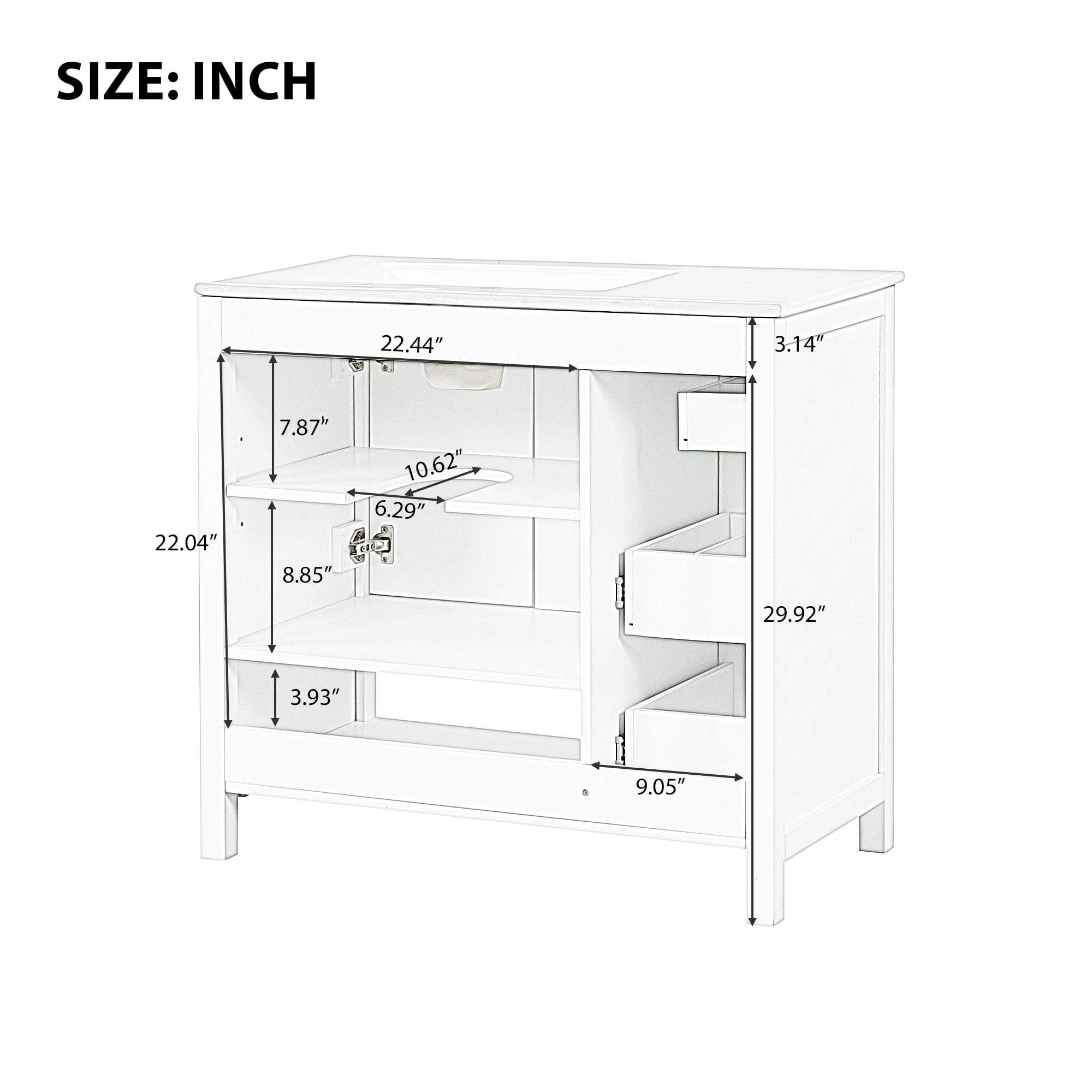 Euroco Modern Bathroom Vanity Cabinet with Right-Side Ceramic Sink, 2 Drawers & 2-Door Storage, Solid Wood & MDF, 8" Faucet Compatible