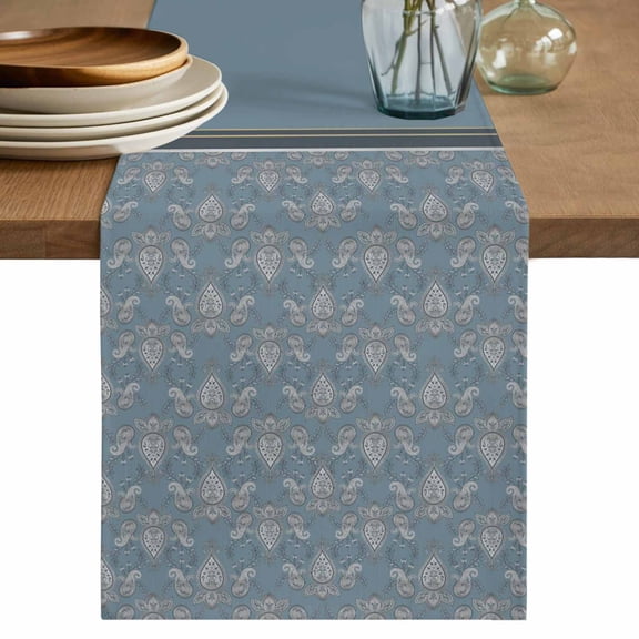 Boho Blue Flower Cotton Linen Table Runner for Dining Kitchen, Abstract Bohemia Pesley Floral Wedding Outdoor Party Tablerunners Decoration, Dresser Scarf Coffee Tablecloth Runners 13x60 Inches