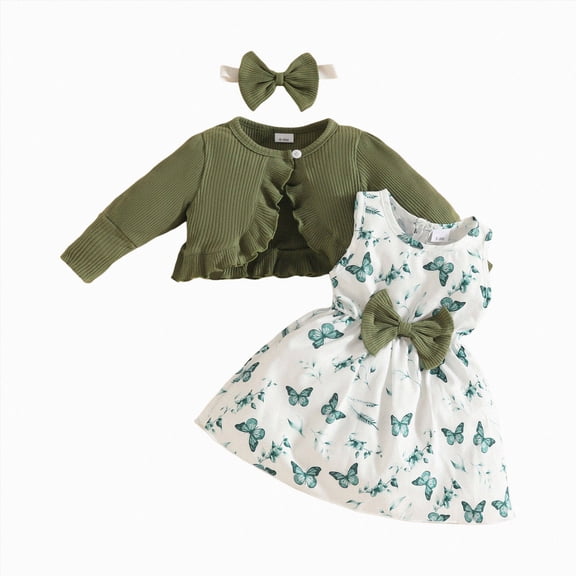 mgoYE Toddler Girls Dress with Cardigan Set Little Girl Floral Sleeveless Dress Ruffle Coat Baby Long Sleeve Toddler Girl Sets(Green,12-18 Months)