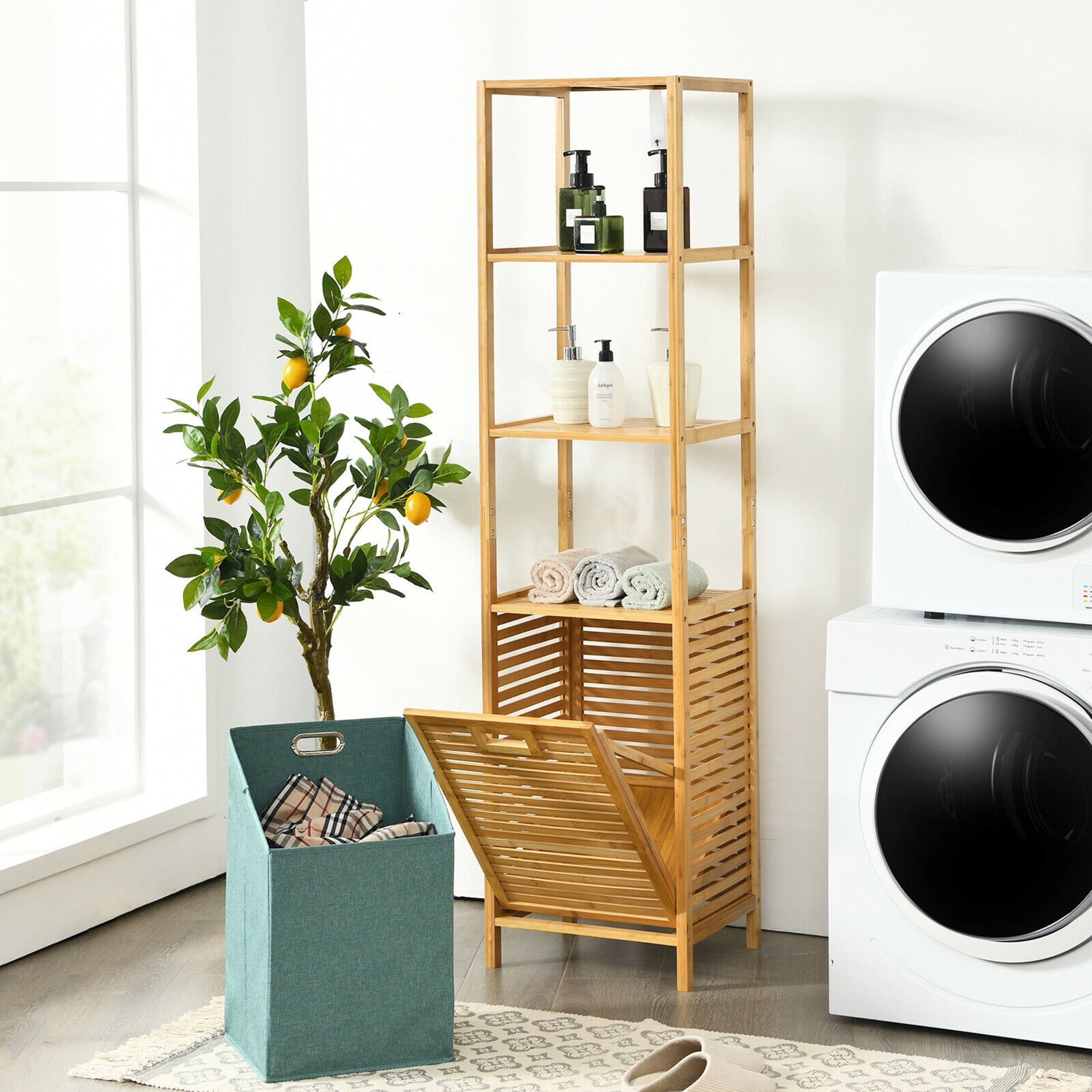 Gymax Bathroom Tilt-out Laundry Hamper Bamboo Tower Hamper w/3-Tier Shelves