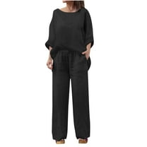 Enjoytime Plus Size Winter Outfits Women Solid Color Long Sleeve Crewneck Shirts Wide Leg Pants Loungewear Sets Woman Fall 2 Piece Set