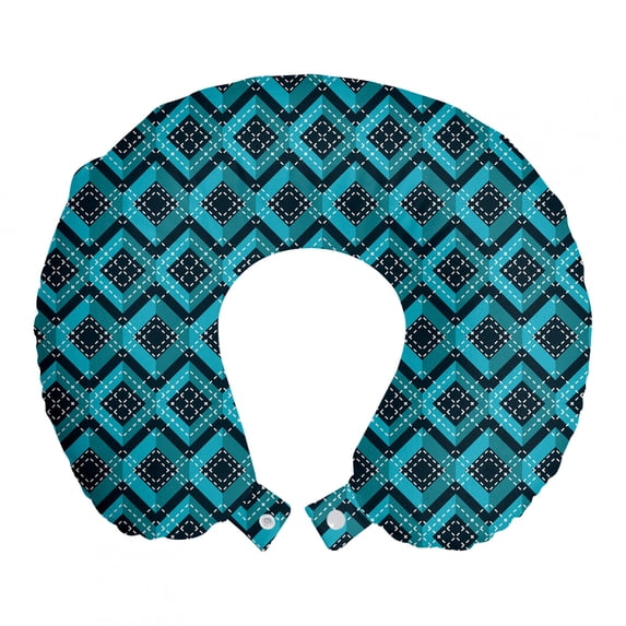Abstract Travel Pillow Neck Rest, Illustration of Complex Geometric Patterns Successive Intertwined Squares, Memory Foam Traveling Accessory Airplane and Car, 12", Dark Teal and Teal, by Ambesonne