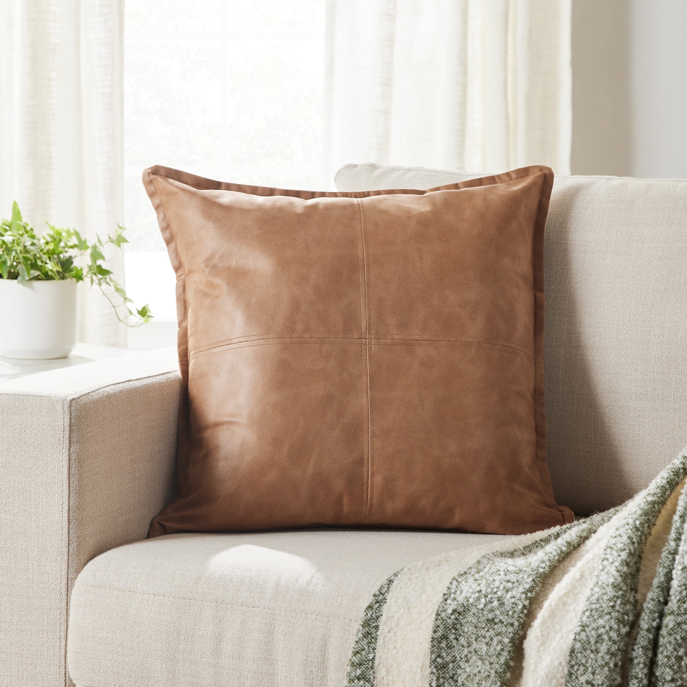 Better Homes & Gardens 20" x 20" Beige Faux Leather Decorative Pillow