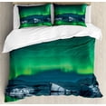 thumbnail image 1 of Alaska King Size Duvet Cover Set, Aurora Borealis under the Starry Sky Hills of Arctic Northern Landscape, Decorative 3 Piece Bedding Set with 2 Pillow Shams, Night Blue Lime Green, by Ambesonne, 1 of 3