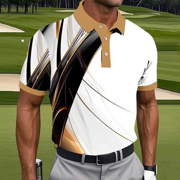 KeShDi Polo Shirt Men Golf Shirt Henley Shirts Casual Tshirt Men's Geometry Printing Button Casual Short Sleeve Turndown Collar Blouse Shirt Beige 4X
