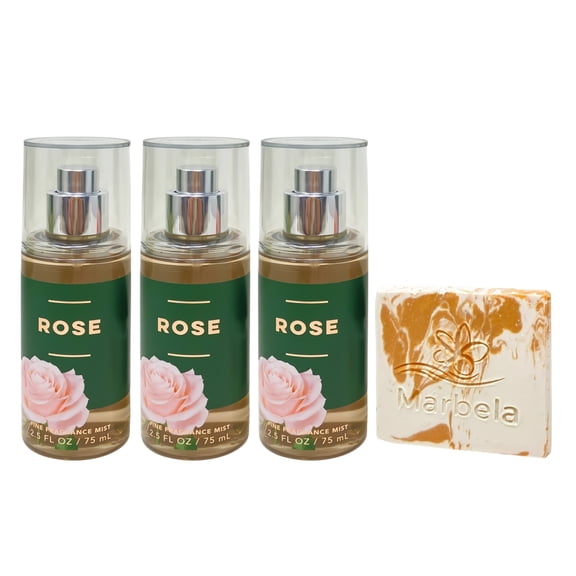 Bath & Body Works Rose 3 Fine Fragrance mists with a Peach Gardenia Mini Soap - Travel Size