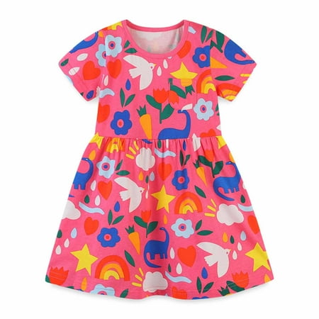 

ZCFZJW Summer Short Sleeve Dresses for Toddler Baby Girl Cute Cartoon Printed Round Neck Sundress Kids Lovely Cotton Beach Party Princess Dress Watermelon Red 3-4 Years