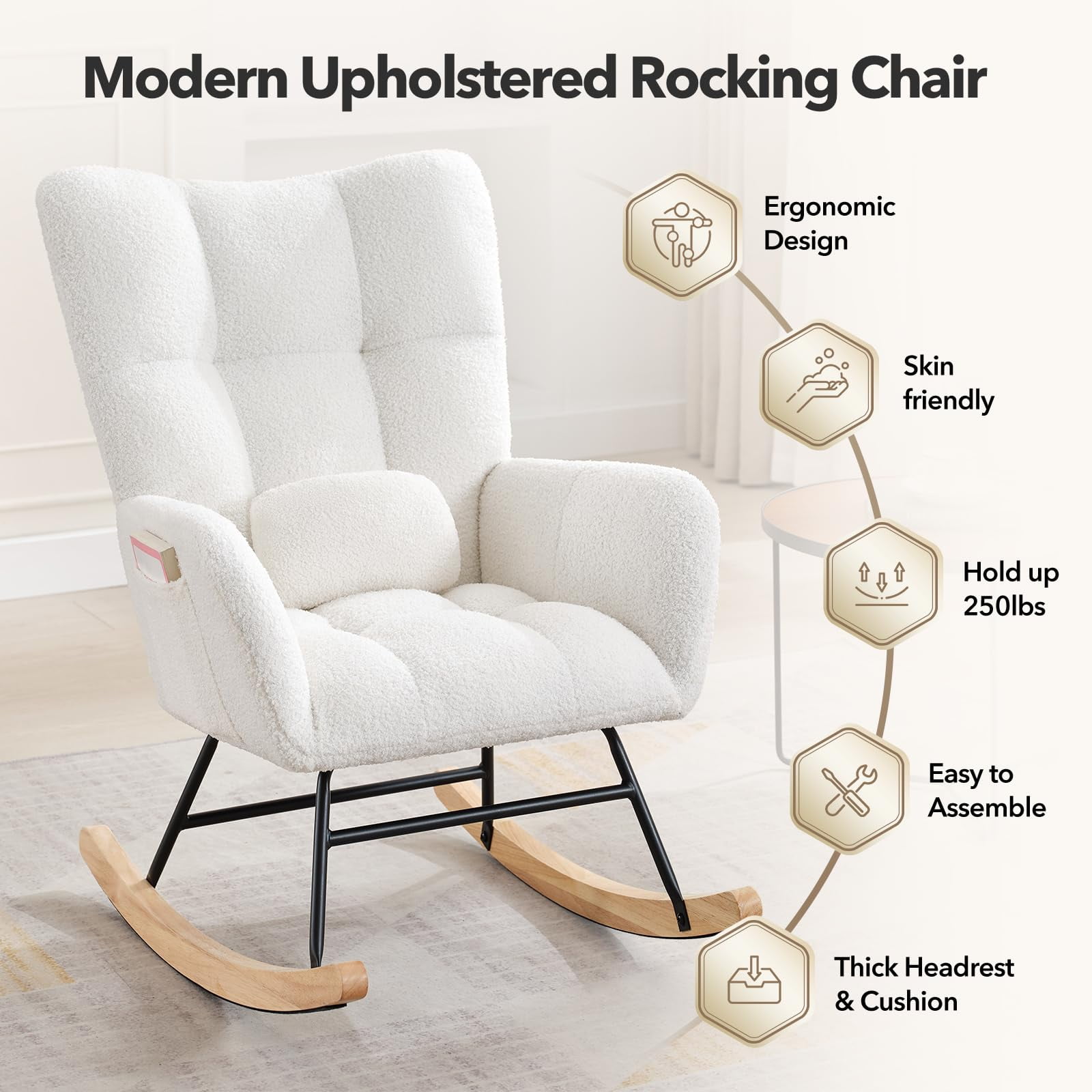 Kicctian High Back Upholstered Rocking Chair, Plush Headrest Armrest Accent Seat for Living Room Bedroom,Beige