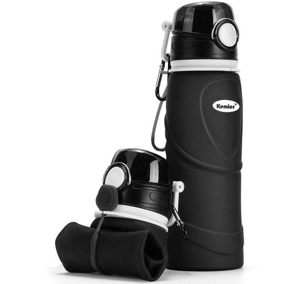 Kemier Bouteilles d'Eau en Silicone Pliables-750ml, Qualité Médicale, Sans BPA, Enroulables, 26oz, Étanches, Pliables pour Sports et Extérieur (Noir)