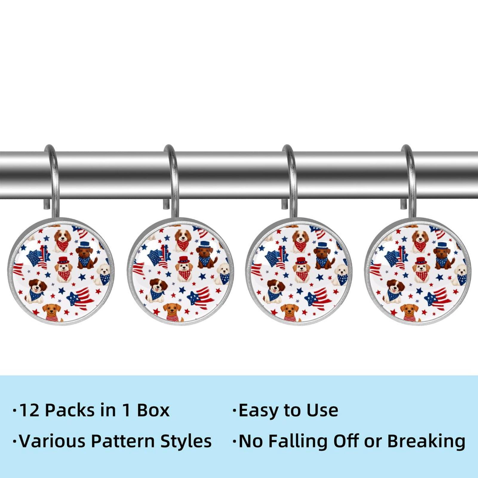 12pcs Decorative Shower Curtain Hooks, Rust Resistant Shower Rings for Bathroom Living Room,Rustproof Stainless Steel Rings for Shower Curtain and Liner Rods,4th of July Dog