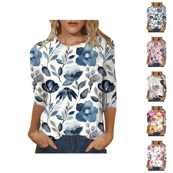 3/4 Length Sleeve Shirts for Women 2026 Spring Summer Floral Printed Crewneck T Shirts Blouse