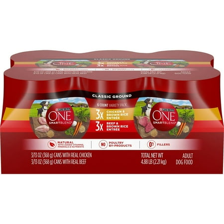Purina ONE Natural Pate Wet Dog Food Variety pk., SmartBlend Chicken Entree and Beef Entree - (6) 13 oz. Cans