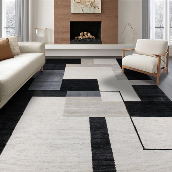 ODIKA 8'x10' Washable Area Rug Durable, Non-Slip Abstract Modern Brushstroke With Minimalist Geometric Accents for Living Room, Under Sectional, Family