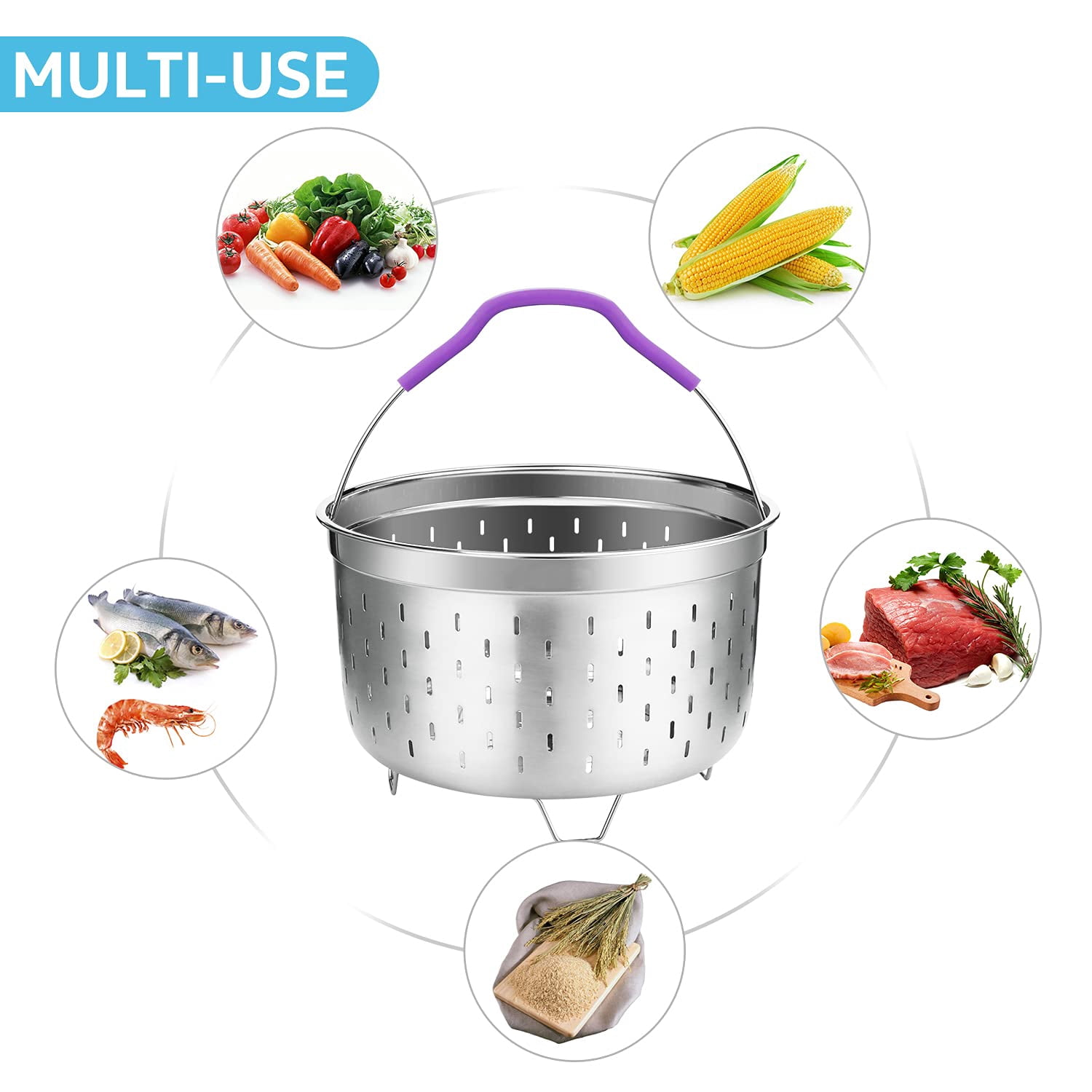Steamer Basket For Instant Pot Pressure Cooker  Accessories Set Compatible With 5/6/8 Qt Instapot -18/8 Stainless Steel Strainer Insert Silicone Handle Divider Egg Rack 6 Quart