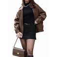 thumbnail image 2 of Womens Textured Faux Leather Jackets Oversized Button Down Clothes Casual Fall Trendy Coat Outerwear Brown M, 2 of 9