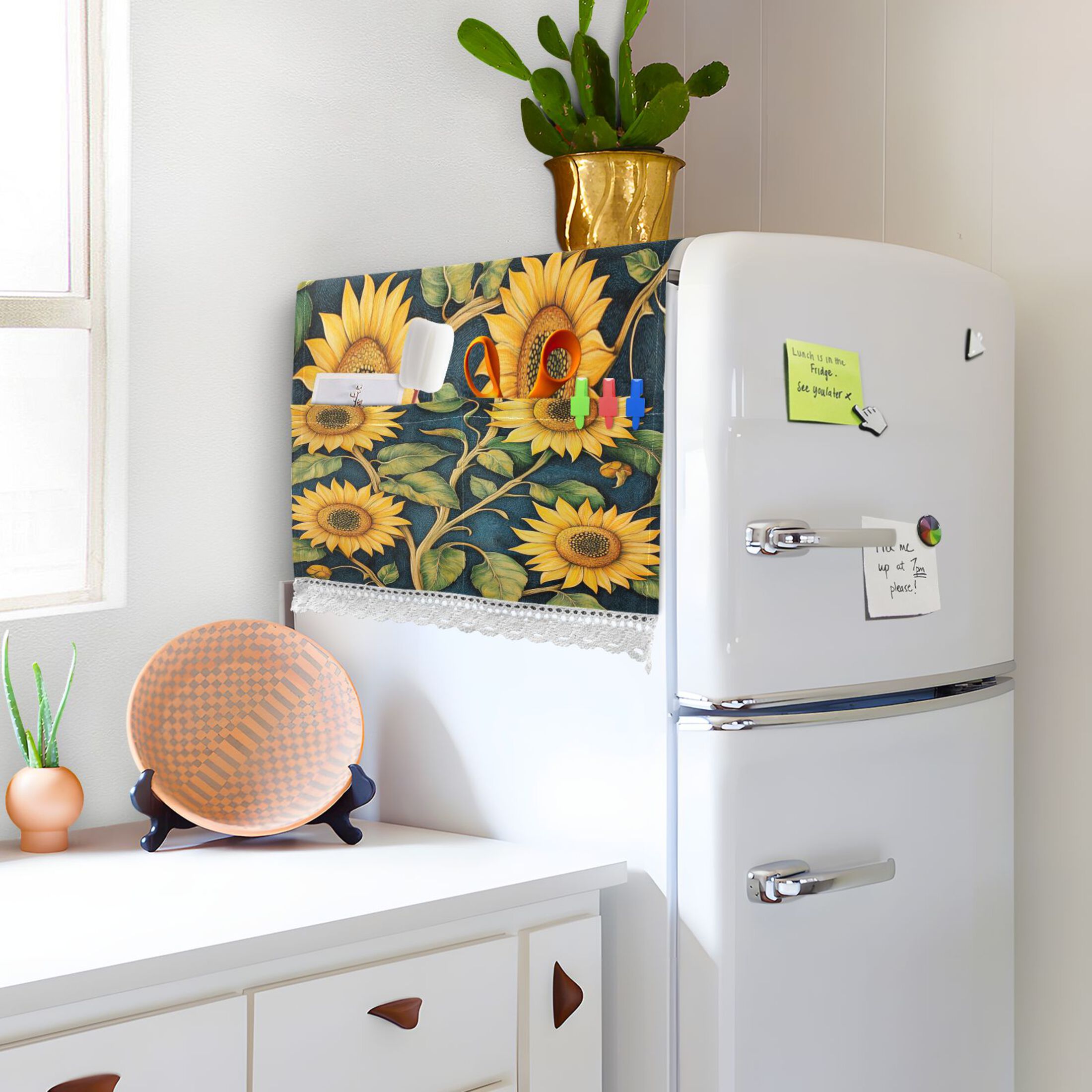 SunflowersWasher and Dryer Covers Dust-Proof and Oil Resistant Fridge Cover with 4 Storage Pockets Washing Machine Top Cover for Laundry Kitchen Home 51.2 x 22 In