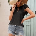thumbnail image 3 of Defitshape Women's Flutter Short Sleeve T Shirt Cotton Summer Eyelet Top Cute Loose Flowy Lightweight Key Hole Knotted Ruffle V Neck Blouse Black Medium, 3 of 4