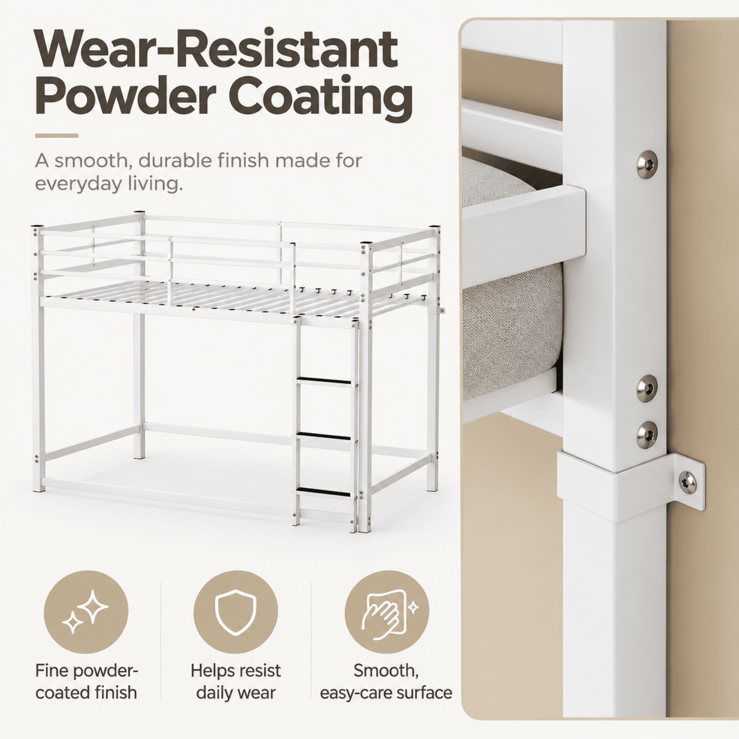 Miniyam Twin Over Twin Metal Bunk Bed with Full-Length Guardrails and Built-In Ladder, White