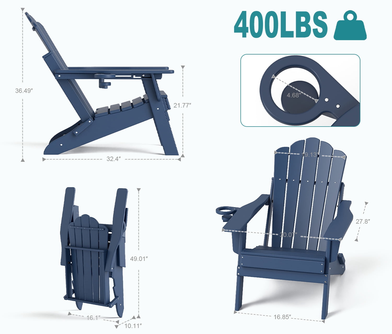 FOOWIN Adjustable Backrest Folding Adirondack Chair with Cup Holder, HDPE Weather Resistant Fire Pit Chair, Navy Blue