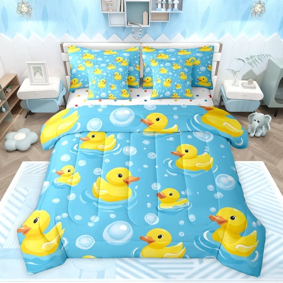 jejeloiu Cartoon Rubber Duck 7-Piece Twin Bedding Sets,Kawaii Ducks Bedding Comforter Set,Cute Animal Sheet Sets For Girls Boys,Microfiber Bedroom Decor Reversible